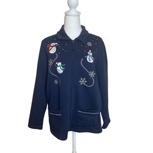 Breckenridge Petite Blue Snowman Button Front Cardigan Large Winter Holiday Warm